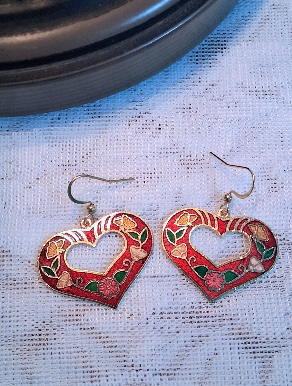 Vintage Red Heart Cloisonne Earrings Butterflies & Flowers